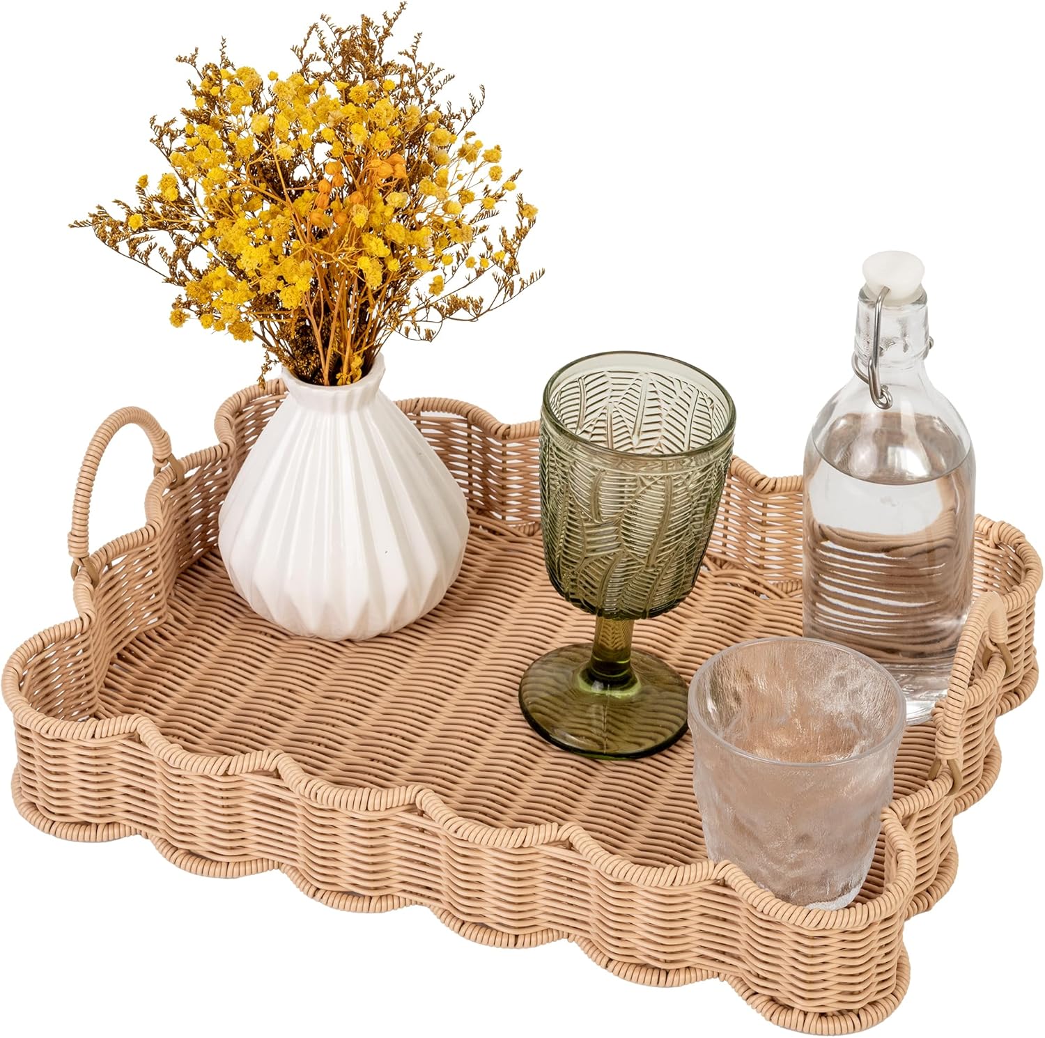 Scalloped wicker tray with handles