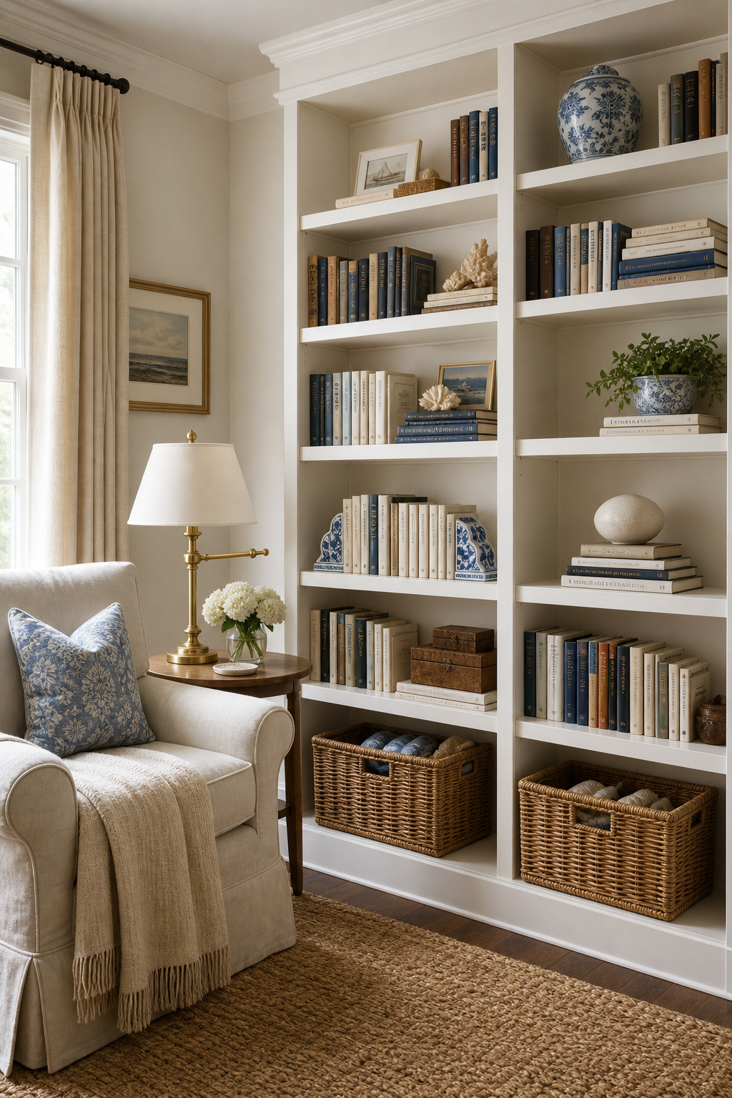 Coastal Grandmother Library Wall Amazon Finds finished room setup