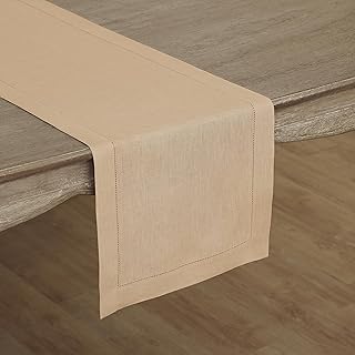 Solino Home Linen Beige Table Runner 108 Inches Long, 100% Pure Linen Classic Hemstitch