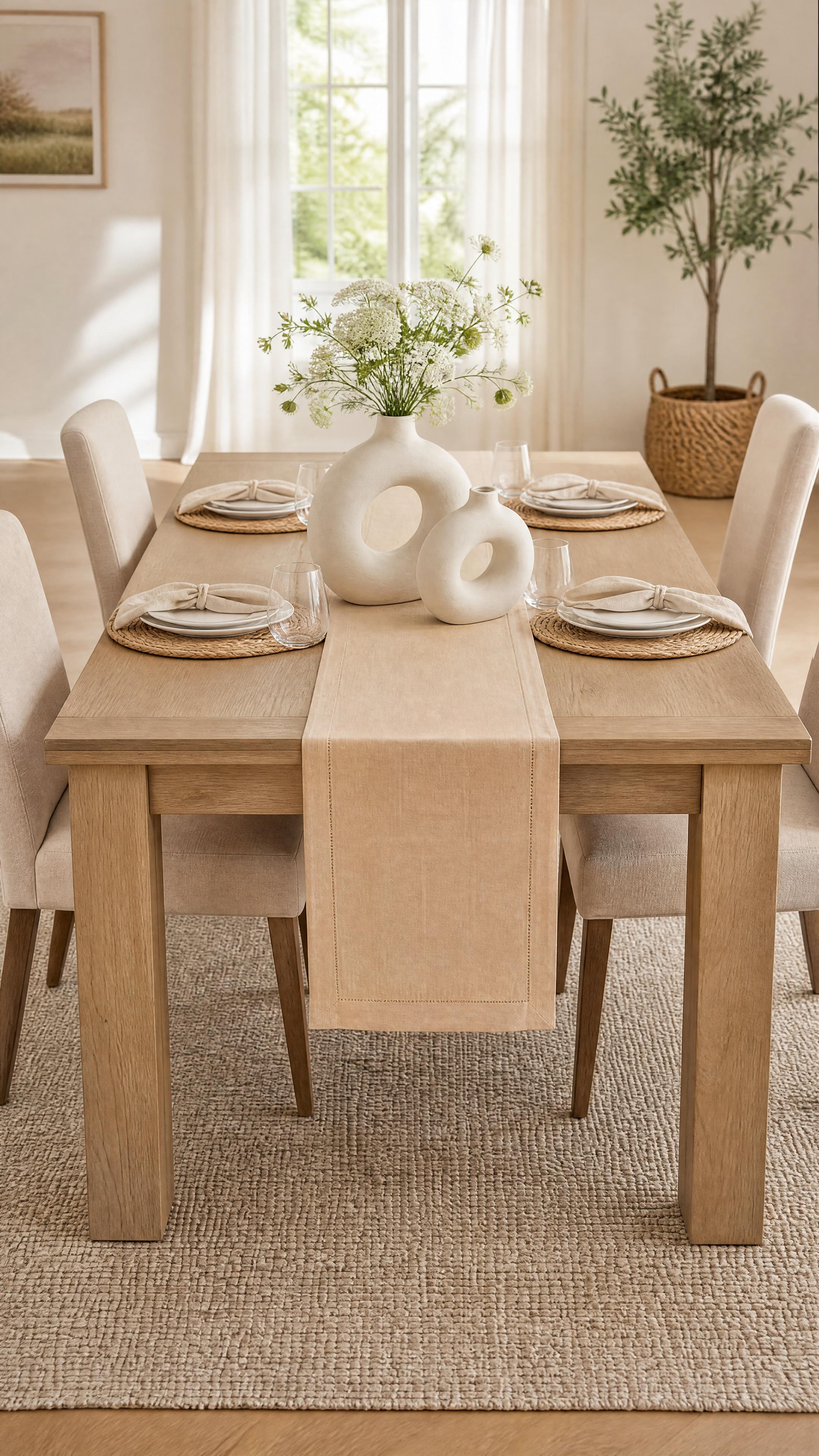 Coastal grandmother summer dining room hosting setup with natural wood table, beige chairs, linen runner, woven placemats and white ceramic vases
