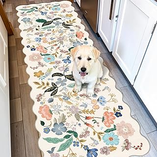 Cream floral washable runner rug