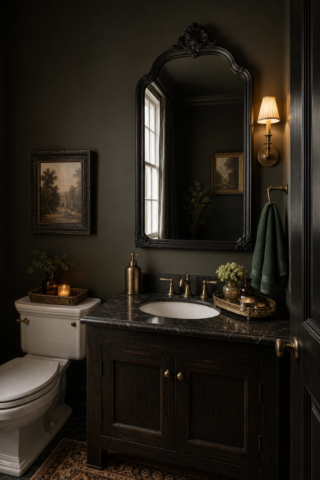 Dark Academia Powder Room Amazon Finds finished room setup