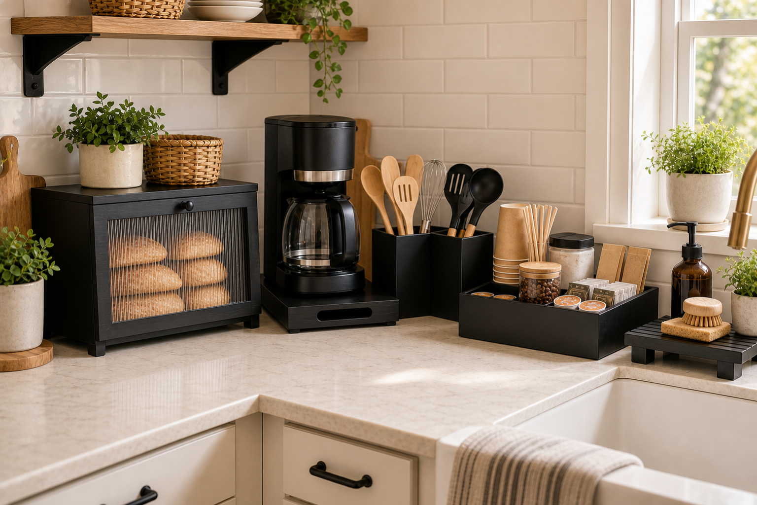 Modern farmhouse kitchen counter appliance zone with black bread box, appliance slider, utensil holder, coffee organizer, and pedestal tray