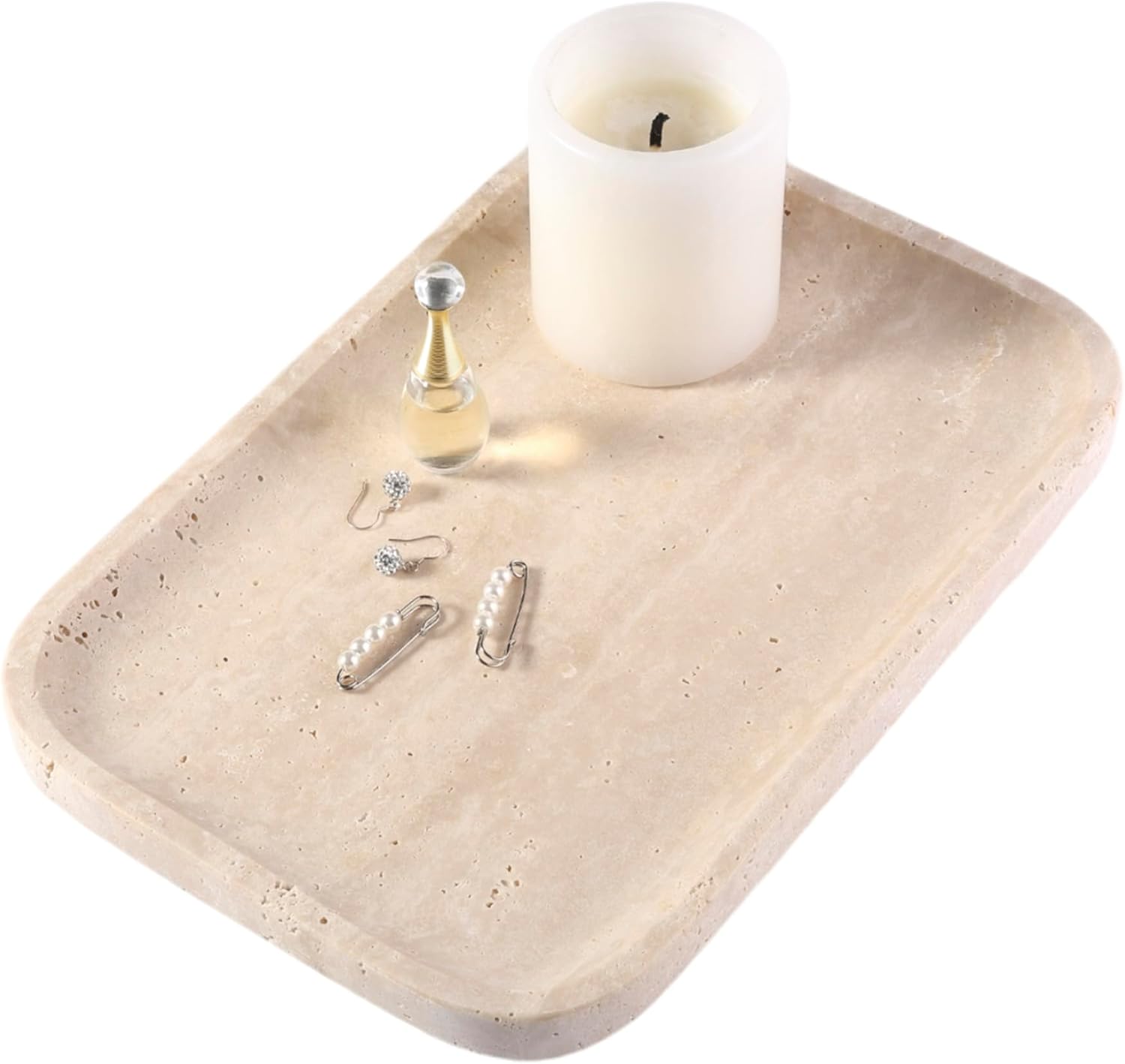 Beige travertine-look vanity tray for dresser or bedside styling