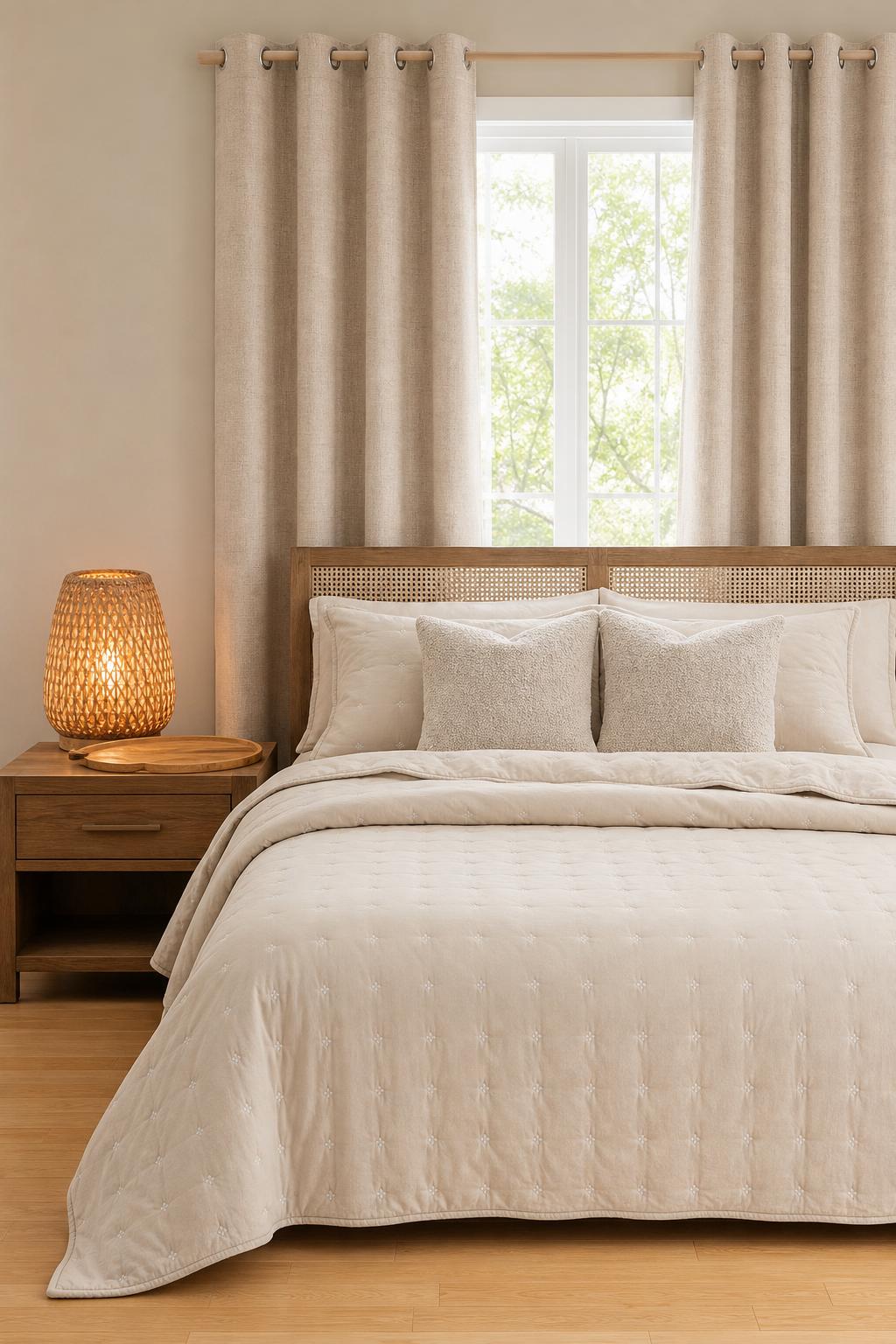 Organic modern guest bedroom cooling reset with breathable bedding, linen curtains, woven bedside lamp, cloud tray and boucle pillows