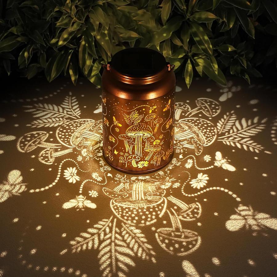 Solar Lanterns Outdoor Waterproof Bee Mushroom Decoration Metal LED Lanterns for Yard, Patio, Garden Decor