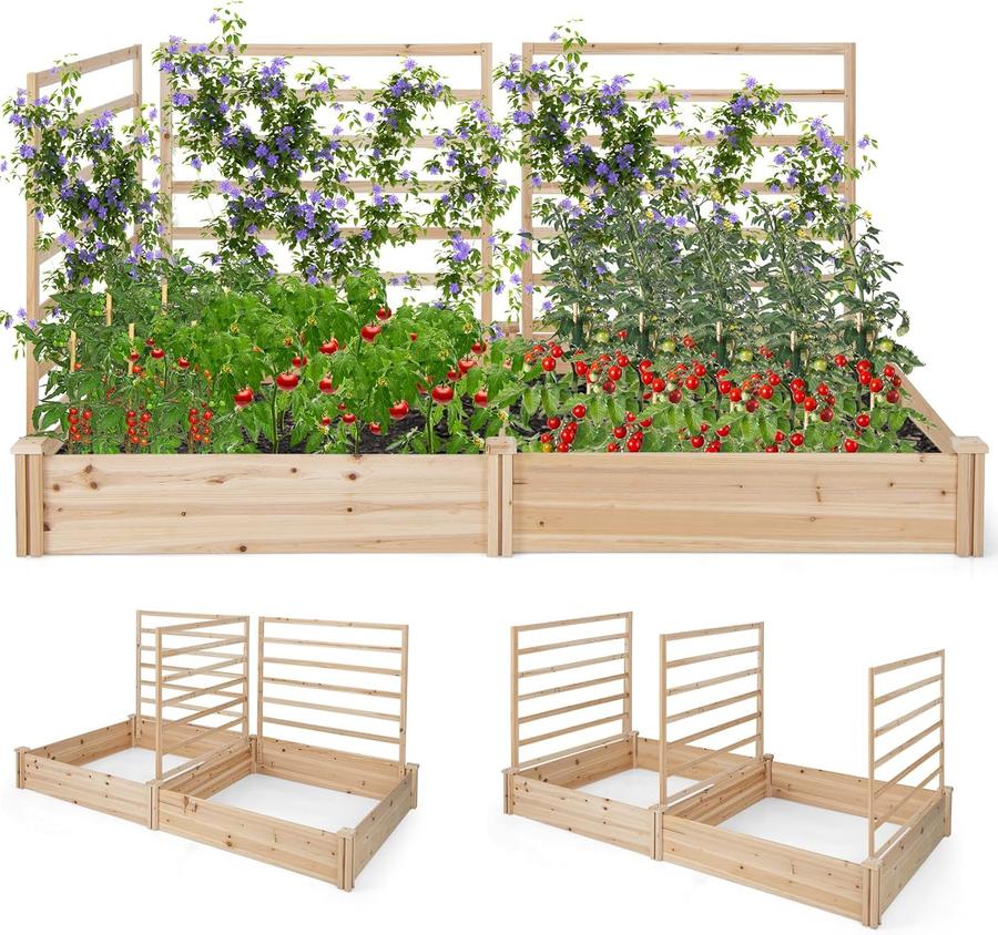 S AFSTAR Raised Garden Bed with 3 Trellis & 2 Planter Boxes, Outdoor Wooden 88 in Planter Box Kit
