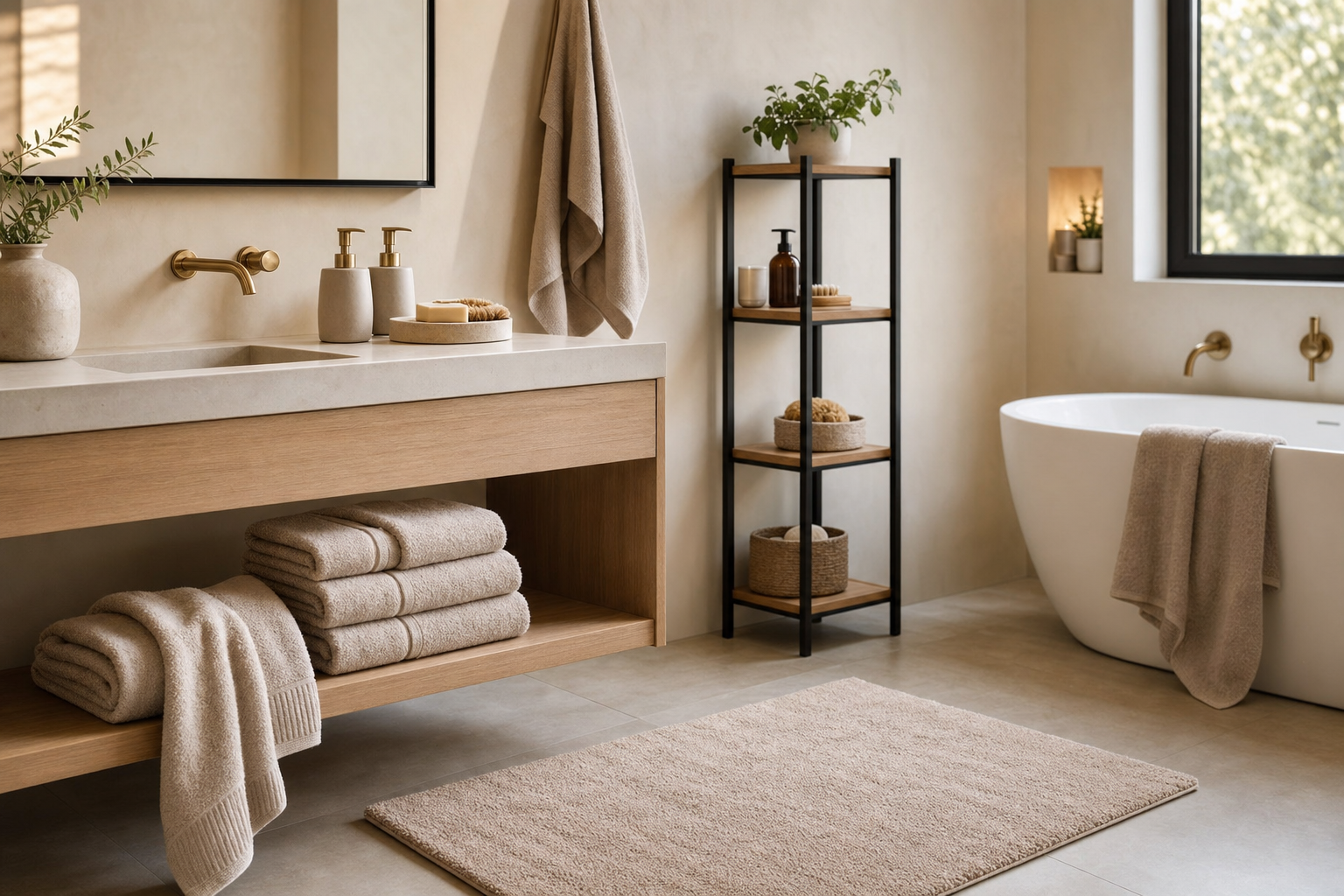 Warm Minimalist Bathroom Amazon Finds finished room setup