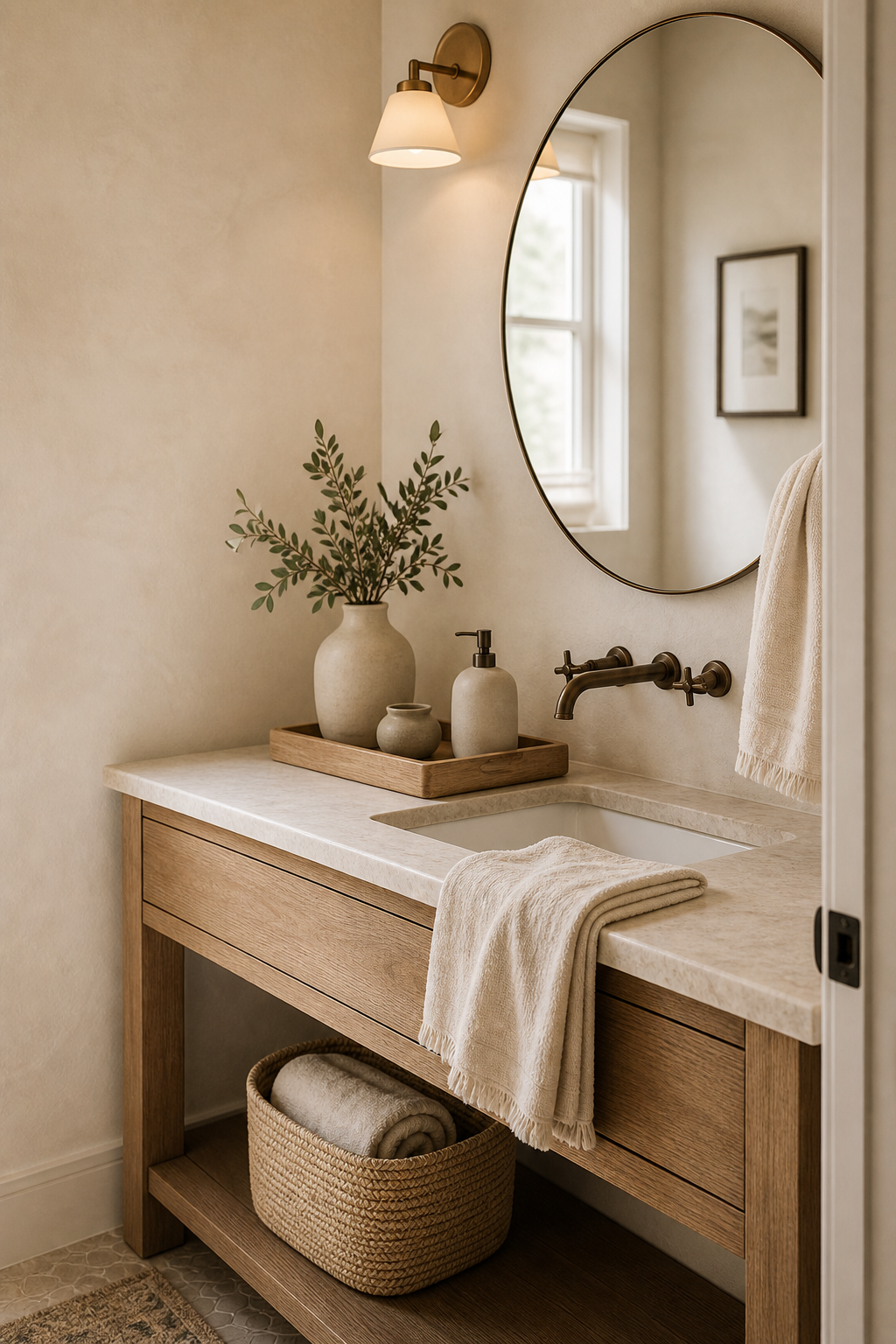 Warm Minimalist Powder Room Amazon Finds finished room setup