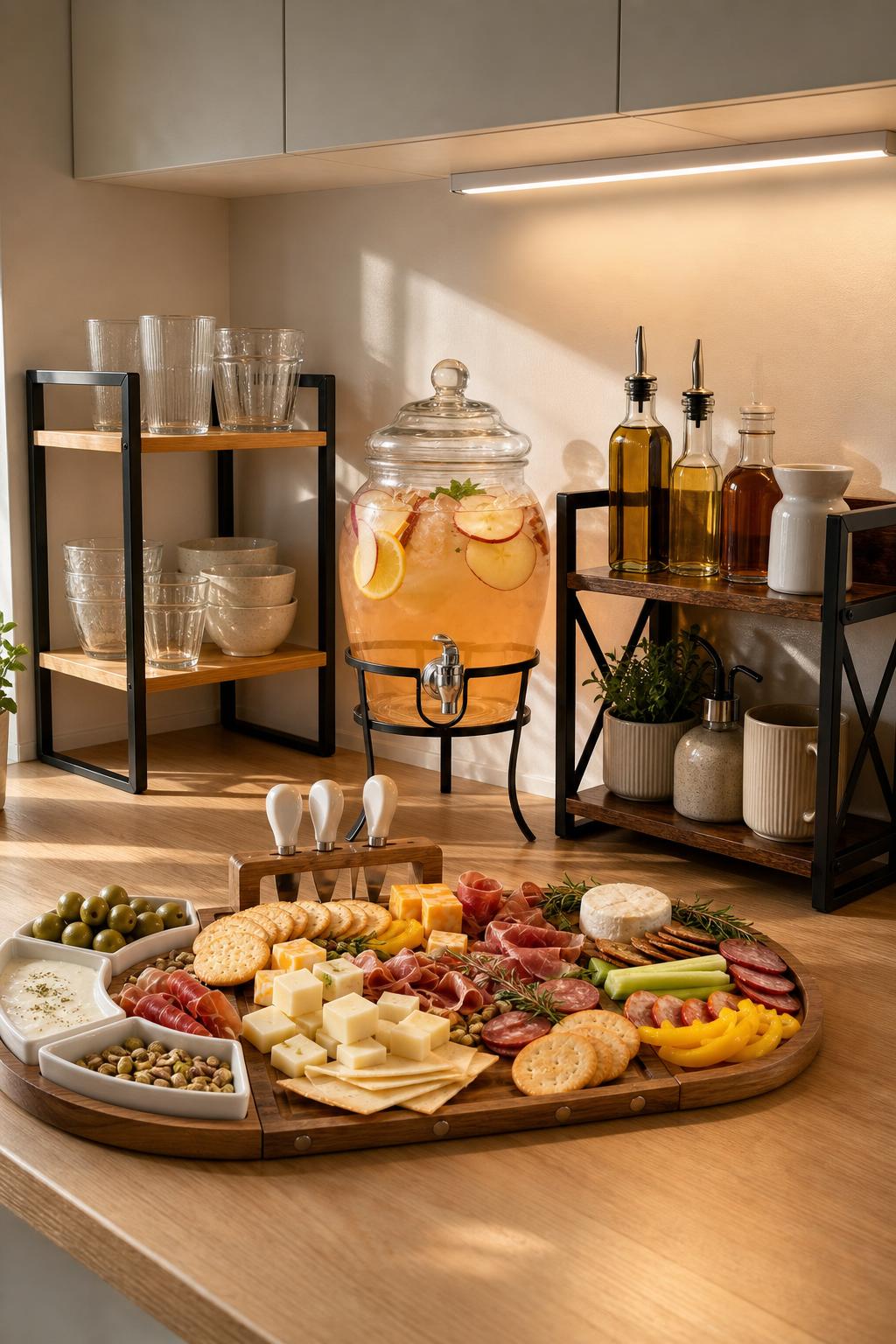Warm minimalist tiny kitchen hosting setup with counter shelves, beverage dispenser, acacia serving board, counter organiser and warm under-cabinet lights